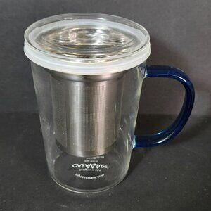 CasaWare Borosilicate Glass Tea Infuser Mug w Glass Lid & Blue Handle